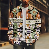 cheap Men&#039;s Shirt Jacket-Men&#039;s Bohemian Argyle Bandana Print Shirt Shirt Jacket Long Sleeve Vintage Outdoor Vacation Casual Daily Fall &amp; Winter Lapel Buttons Pocket Print Red Brown Green Coffee