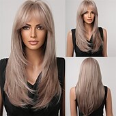 economico Parrucche trendy sintetiche-evidenzia parrucca bionda marrone con frangia parrucche diritte naturali di media lunghezza per donne parrucche sintetiche in fibra resistente al calore per cosplay quotidiano