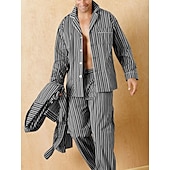 billiga Pyjamas-Herr Vardagsklädsel Sovkläder Pyjamas set Pyjamastopp och byxa 2 delar Rand Stylish Ledigt Komfort Hem Dagligen Polyester Komfort Kavajslag Långärmad Skjorta Byxa Snörning Elastisk midja Vår Höst
