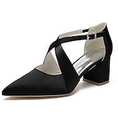 cheap Semi-Formal-Elegant Women&#039;s White Satin Pointed Toe Block Heels – Crisscross Strap Design for Weddings, Formal Parties, and Special Occasions