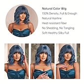 economico Parrucche trendy sintetiche-parrucche di capelli ricci ondulati corti blu con frangia parrucche di capelli in fibra sintetica da 14 pollici per le donne parrucche di capelli eleganti per la festa quotidiana cosplay uso di