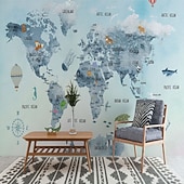 baratos Papel de Parede-Mapa do mundo papel de parede mural atlas vintage cobertura de parede adesivo peel and stick removível pvc/material de vinil autoadesivo/adesivo necessário decoração de parede para sala de estar