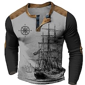 levne Vintage &amp;amp; Retro-Pánské Loď Námořnický Kompas Tričko Henley Waffle Tričko Dlouhý rukáv 3D tisk Designové Retro Na běžné nošení Outdoorové sporty Dovolená Festival Jaro &amp; podzim Světle hnědá Vodní modrá Hnědá Trávov