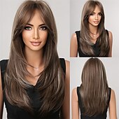 economico Parrucche trendy sintetiche-evidenzia parrucca bionda marrone con frangia parrucche diritte naturali di media lunghezza per donne parrucche sintetiche in fibra resistente al calore per cosplay quotidiano