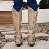 levne Cowboy &amp; Western Boots-Dámské westernové boty s perforovaným páskem na přezce a prošíváním, kovbojské boty do poloviny lýtek pro běžné nošení i outdoorové nošení