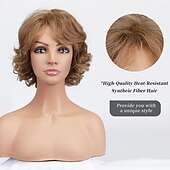abordables peluca vieja-Pelucas cortas y rizadas de color marrón claro para anciana, peluca rizada en capas con flequillo, peluca marrón ondulada con raíces oscuras, pelo sintético natural para fiesta diaria, cosplay custume