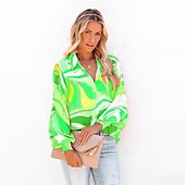 cheap Women&#039;s Graphic Tops-Women&#039;s Shirt Blouse Fashion Buttons Print Long Sleeve Regular Tops Shirt Collar Casual Blue Purple Green Gray Spring &amp;  Fall