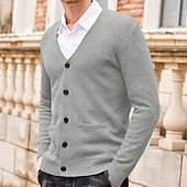 billiga cardigan tröja för män-Herr Tröja Cardigan Tröja Ribbad Sticka Stickat Slät V-hals Mode Ledigt Sport Dagliga kläder Kläder Vår &amp; Höst Vinrött Svart M L XL
