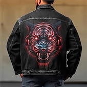 billige grafiske jakker og kåper for menn-Herre Dyr Tiger Frakk Jean jakke Denimjakker Pustende Bekvem Fritid Sport &amp; Utendørs Ut på byen Helg Knapper Trykt mønster Høst vinter Aftæpning Langermet Svart Blå