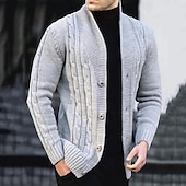 cheap Men&#039;s Cardigan Sweater-Men&#039;s Cardigan Sweater Cropped Sweater Cable Knit Regular Button Up Plain Lapel Vintage Warm Ups Casual Daily Wear Clothing Apparel Fall Winter Black White S M L