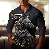 Men's Wolf Polo Shirts Golf Shirt Long Sleeve Polo Shirts Collared Shirts Casual Funny Vacation Wear Party Outfits 3D Print Buttons Fall & Winter Dark Navy Gray4