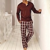 economico Pigiami-Per uomo Abbigliamento da Casa Pigiami Set Pigiama Top e pantaloni del pigiama 2 Pezzi Plaid Elegante Casual Comfort Casa Quotidiano Poliestere Comodità Henley Manica Lunga Maglietta Pantalone
