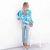 cheap Women&#039;s Graphic Tops-Women&#039;s Shirt Blouse Fashion Buttons Print Long Sleeve Regular Tops Shirt Collar Casual Blue Purple Green Gray Spring &amp;  Fall