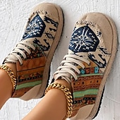baratos Botas de tornozelo-tênis feminino boêmio com cadarço – calçados casuais de lona com estampa étnica e sola trançada, calçados leves e confortáveis para caminhada, uso diário e viagens