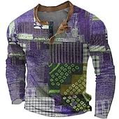 cheap Geometrical-Men&#039;s Graphic Geometic Henley Shirt Waffle T Shirt Long Sleeve 3D Print Designer Retro Vintage Ethnic Sports Outdoor Holiday Festival Spring &amp;  Fall Blue Purple Brown Gray Henley Henley T-Shirt