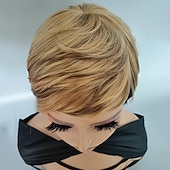 baratos Perucas de Qualidade Superior-peruca bob mel dourada e preta com corte pixie - cabelo sintético curto e liso para mulheres