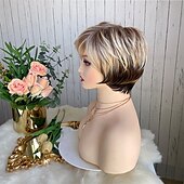 cheap Older Wigs-Curly Ombre Blonde Pixie Cut Wigs for White Women,Layered Wig Brown to Blonde Gradient Short Pixie Bob Cut Wig with Bangs Short Cute Wig for Women Highlight Wig(Ombre Brown to Blonde)