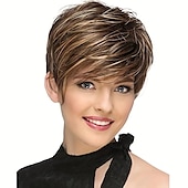 abordables perruque plus âgée-Perruques courtes coupe lutin pour femmes, coupes de cheveux courtes, perruque synthétique à reflets mixtes avec frange