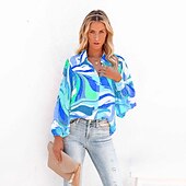 cheap Women&#039;s Graphic Tops-Women&#039;s Shirt Blouse Fashion Buttons Print Long Sleeve Regular Tops Shirt Collar Casual Blue Purple Green Gray Spring &amp;  Fall