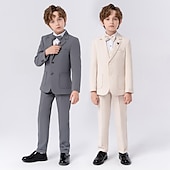 billige Guttens formelle drakt-6 deler Barn Gutt Dress og blazer Antrekk Helfarge Langermet Knapp Sett Formell Kul Høst Vinter 7-13 år Grå 5-delt sett (jakke + vest + bukse + sløyfe + Blått 6-delt sett (skjorte + jakke + vest