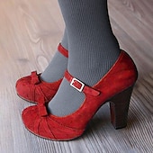 abordables Zapatos Mary Jane-Zapatos Mary Jane de ante negro y rojo para mujer con detalle de lazo y tacón de bloque: estilo vintage para fiestas y ocasiones festivas