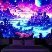 رخيصةأون Tapestries Blacklight-نسيج أسود يتفاعل مع الأشعة فوق البنفسجية ويتوهج في الظلام للحفلات المضيئة النيونية الضبابية المصرية المعمارية معلقة على الحائط لتزيين غرفة المعيشة وغرفة النوم