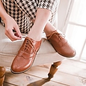 ieftine Oxfords de Damă-pantofi oxford clasici brogue de damă – pantofi maro din piele artificială cu vârful aripii cu șireturi pentru ținute casual și formale de inspirație vintage