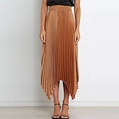 preiswerte Schlichte Röcke-Damen Rock Schaukel Langer Rock Elegant Modisch Maxi Hoher Taillenbund Röcke Einfarbig Gefaltet Asymmetrischer Saum Party Strasse Schwarz Weiß Wein Dunkelgrün Frühling Sommer Satin