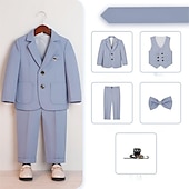 billige Guttens formelle drakt-6 deler Barn Gutt Dress og blazer Antrekk Helfarge Langermet Knapp Sett Formell Kul Høst Vinter 7-13 år Grå 5-delt sett (jakke + vest + bukse + sløyfe + Blått 6-delt sett (skjorte + jakke + vest