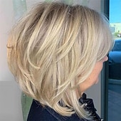 economico parrucca più vecchia-breve highlight parrucche bionde pixie cut per le donne nere candeggina bionda bob parrucca a strati con parte laterale con frangia per tende per le donne parrucca sintetica biondo chiaro bob shaggy