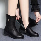 abordables Bottes de neige et d&#039;hiver-bottines d&#039;hiver en similicuir noir doublées de fourrure pour femmes avec fermeture éclair latérale et semelle antidérapante, parfaites pour le temps froid et les vêtements d&#039;extérieur