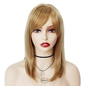 baratos peruca mais velha-Perucas peruca loira morango com franja cabelo sintético peruca natural completa reta comprimento médio bob peruca traje de halloween perucas para mulheres perucas cosplay 14&quot;