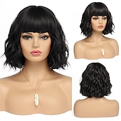 abordables perruque plus âgée-Perruque courte noire avec frange, cheveux naturels synthétiques pour femmes, longueur d&#039;épaule ondulée, vague d&#039;eau (12 pouces)