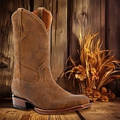 cheap Cowboy &amp; Western Boots-Men&#039;s Vintage Faux Leather Western Cowboy Boots - Classic Square Toe Design for Rodeo, Ranch, and Casual Wear