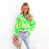 cheap Women&#039;s Graphic Tops-Women&#039;s Shirt Blouse Fashion Buttons Print Long Sleeve Regular Tops Shirt Collar Casual Blue Purple Green Gray Spring &amp;  Fall
