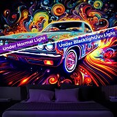 cheap Blacklight Tapestries-Blacklight Tapestry UV Reactive Glow in the Dark Vintage Car Trippy Misty Nature Landscape Hanging Tapestry Wall Art Mural for Living Room Bedroom