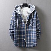 cheap Men&#039;s  Overshirts-Men&#039;s Shirt Casual Shirt Plaid Shirt Button Up Shirt Overshirt Plaid / Check Outdoor Daily Wear Yellow Blue Orange Green Long Sleeve Hooded Fall &amp; Winter Clothing Apparel Front Pocket