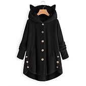 preiswerte Texturierte Kapuzenpullover &amp; Sweatshirts-Damen Übergroße Feste Farbe Warm Teddy Fuzzy Langarm Kapuzenpullover Lange Oberteile Strasse Casual Knopf Tasche Schwarz Gelb Rosa Wein Kaffee Herbst Winter