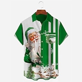 abordables Tenue de Père Noël-chemises imprimées père noël pour hommes, manches courtes décontractées, tenue quotidienne, sortie week-end, automne / automne, poche rabattue, imprimé boutonné, jaune, rouge, bleu, vert, tissu
