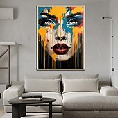 billiga Människomålningar-100 % handmålad väggkonst färgglad ansikte väggkonst kvinna porträtt canvas målning abstrakt flicka väggdekor oljemålning konst dekor heminredning redo att hänga eller duk