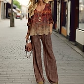 voordelige Tweedelige sets-Dames 2 Stukken Mode Shirt Broek Sets Brede Pijpen Broeken Lange Mouwen Ronde Hals Grafische Print Casual Dagelijks Rood Blauw Lente  Fall Reguliere Pasvorm