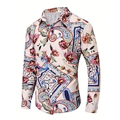 preiswerte Ethnisches Muster-Herren Hemd Knopfhemd Langarm Brautkleider schlicht Boho Freizeitskleidung Ausgehen Herbst Winter Umlegekragen Bedruckt Button-Down Schwarz Dunkelmarine Beige