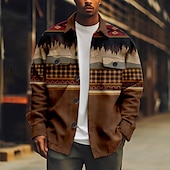 cheap Men&#039;s Shirt Jacket-Men&#039;s Bohemian Argyle Bandana Print Shirt Shirt Jacket Long Sleeve Vintage Outdoor Vacation Casual Daily Fall &amp; Winter Lapel Buttons Pocket Print Red Brown Green Coffee