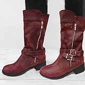 preiswerte Vintage Stiefel-Rote Vintage-Kunstlederstiefel für Damen – stilvolles kniehohes Design mit doppelten Schnallenriemen, seitlichem Reißverschluss und bequemer Sohle – perfekt für Herbstmode und Freizeitausflüge