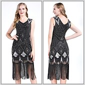 preiswerte 1920er Kleider-Goldene Zwanziger 1920er Knielang Flapper Kleid Outfits Zubehörset Ärmellos Der große Gatsby Hochzeitsgast Pailletten Quastenfransen Pailletten Quaste V Ausschnitt Kostüm Damen Karneval Maskerade