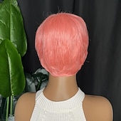 abordables Perruques de qualité supérieure-Perruques courtes de lutin de cheveux humains coupe de lutin perruques ondulées roses courtes perruques de cheveux synthétiques courtes en couches pour les femmes