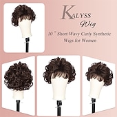 abordables perruque plus âgée-Perruque ondulée courte bouclée marron foncé avec frange de cheveux 100 % importée de qualité supérieure - Perruques de cheveux marron synthétiques pour femme (marron)