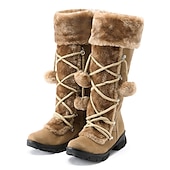 baratos Botas de neve e inverno-botas de inverno femininas de pele sintética preta com cadarços de pompom - isolamento quente, design na altura do joelho, solas antiderrapantes para clima frio e dias de neve