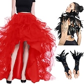 billiga Outfits-set med tyll tutu kjol fjäder cape spetshandskar 3 st hög midja dam hög midja hög låg lager tyll golvlängd kjol fjäder sjalar outfits elak kostym punk gothic halloween fest karneval