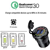 voordelige Auto-oplader-36w dual usb qc3.0 autolader 12v usb-uitgang snel opladen stopcontact met kleurrijke digitale voltmeter &amp; aan / uit knop &amp; 10a ingebouwde zekering voor voertuigen motorfietsen marine boot atv bus